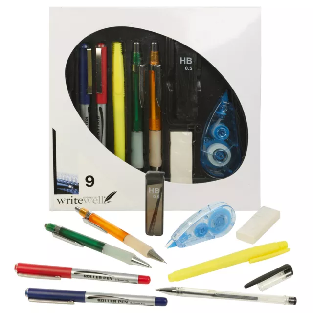 9pc Stationery Set School Black Blue Pen Pencil Lead Refill Highlighter Eraser