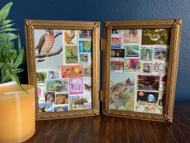Vintage Original Nature and Animal Stamp Collage Gold Frame Handmade Artwork 5x7