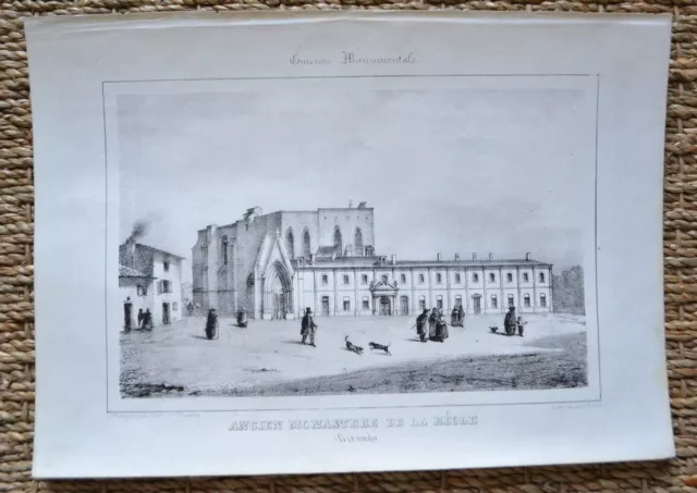 Lithographie Originale XIXème - Ancien Monastère de la Réole - J. Philippe