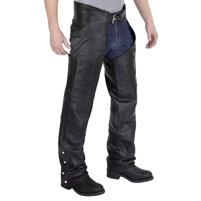 Viking Cycle Men's Motorcycle Leather Chaps M Plain Black Front Belt *Read