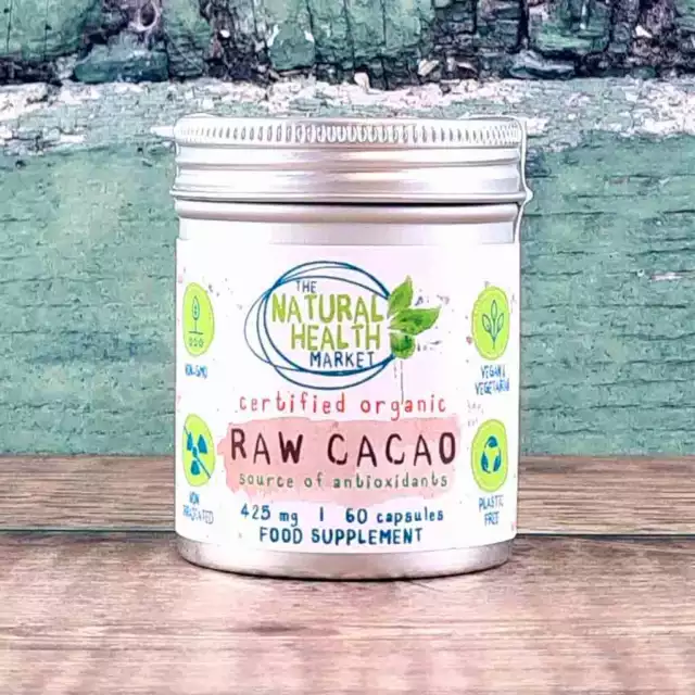 Cacao Capsules 425mg Organic Certified - Pure Vegan Antioxidants - Plastic Free