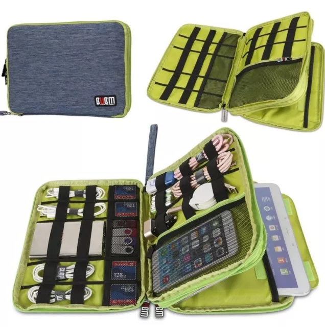 BUBM Compact Cord Organizer Double Layer Electronics Travel Organizer Bag Blue