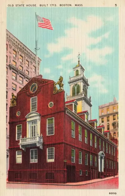 Postal de lino antigua casa estatal construida en 1713 en Boston Massachusetts