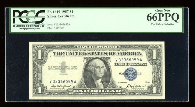 DBR 1957 Silver Fr. 1619 VA Block Gem PCGS 66 PPQ Serial V33366059A