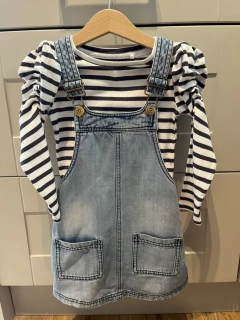 Girls Next Striped Long Sleeve Top & Denim Pinafore Dress Outfit Set 3-4 Years