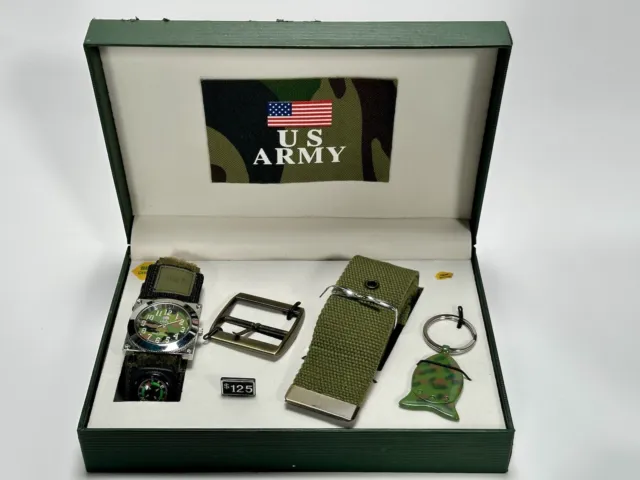 New US Army Camo Survival Mens Watch Set With Belt Buckle Compass And Keychain