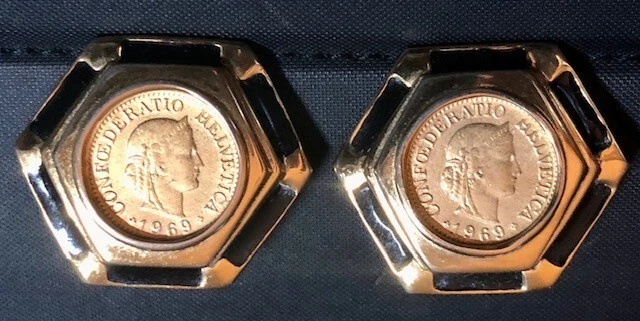 KJL Swiss Coin Clip On Earrings Kenneth Jay Lane Gold Tone 1969 Rappen 10 Coin KJL Swiss Coin Clip On Earrings Kenneth Jay Lane Gold Tone 1969 Rappen 10 Coin