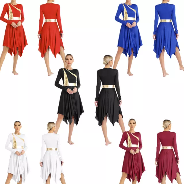 Womens Costume Dance Dress Praise Dancewear Irregular Color Block Patchwork