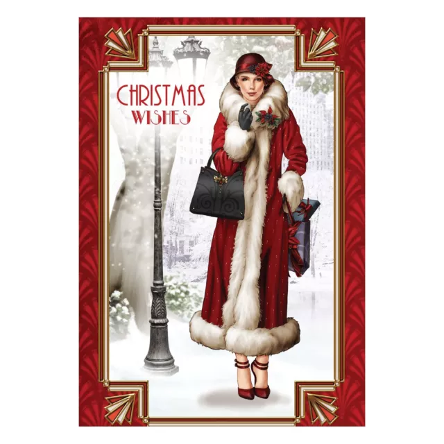 Art Deco Christmas Wishes Card Snow - Flapper 1920s - Great Gatsby - Red Luxury