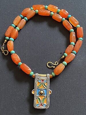 Enameled Hirz Moroccan berber pendant w/ Carnelian & Russian Amazonite necklace.