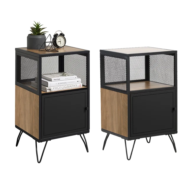 2 X WIRE Mesh Industrial Side Table With Hairpin Legs Oak Effect