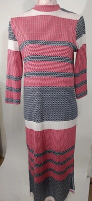 ASOS Womens Size 4 Knit Maxi Dress Red White Blue Stripes Side Slits 3/4 Sleeves