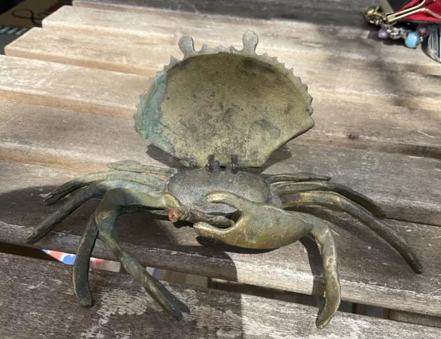 vintage brass hinged Blue Crab trinket Ashtray 5”x 7.5” Republic Of China Patina