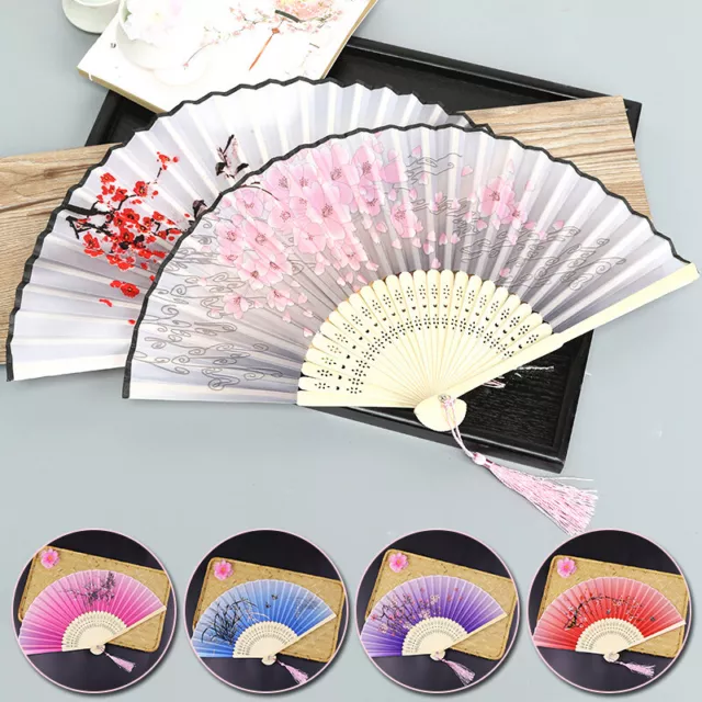 Retro Japanese Chinese Style Folding Silk Hand Held Fan Plum Blossom Bamboo Fan