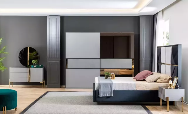 Azul Gris Dormitorio Set Cama Cómoda Espejo Armario Lujo 6 piezas