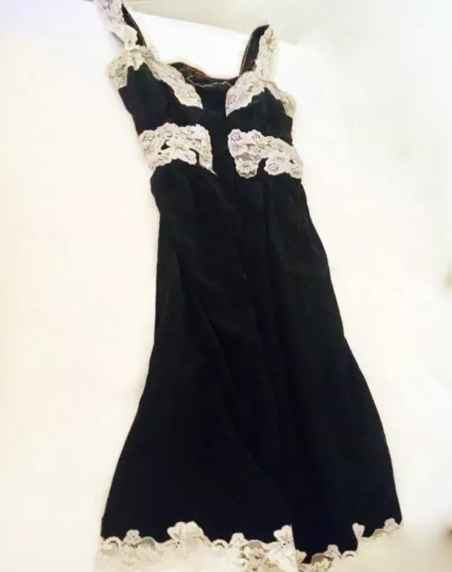 Betsey Johnson 6 Vintg Black Zip Front Tie Back Silk Dress Ivory Chantilly Lace