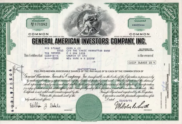 General American Investors Company, Inc. Stock Certificate Less Than 100 Shares