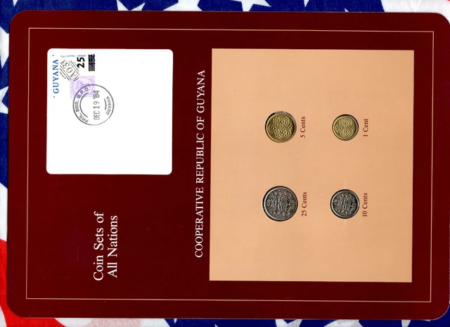 Coin Sets of All Nations Guyana 4 coins w/card 1985-1988 UNC 25 cents 1988