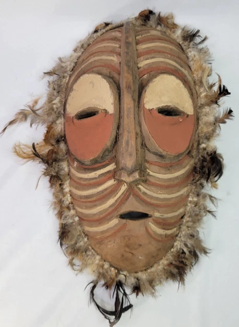 Antique African Lega Carved Wooden & Feathers Mask - Primitive Folk Art - 1950s
