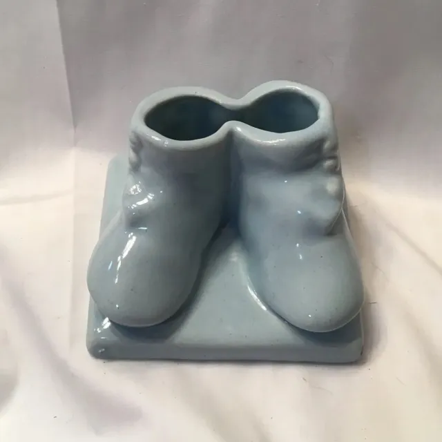 Ceramic Planter Baby Shoes Blue Vase Shabby Nursery Decor Vintage Mid Century