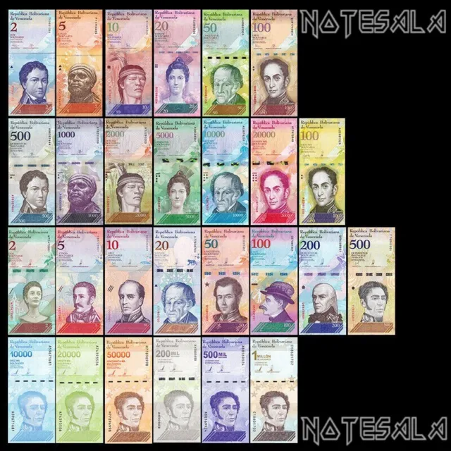 VENEZUELA Set 27 Pcs 2 to 100000+2 to 500+10000 to 1000000 Bolivares 2012/21 UNC