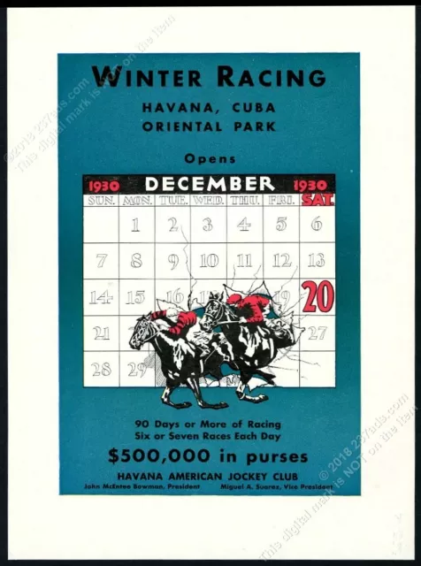 1930 horse racing racehorse art Oriental Park Havana Cuba rare vintage print ad