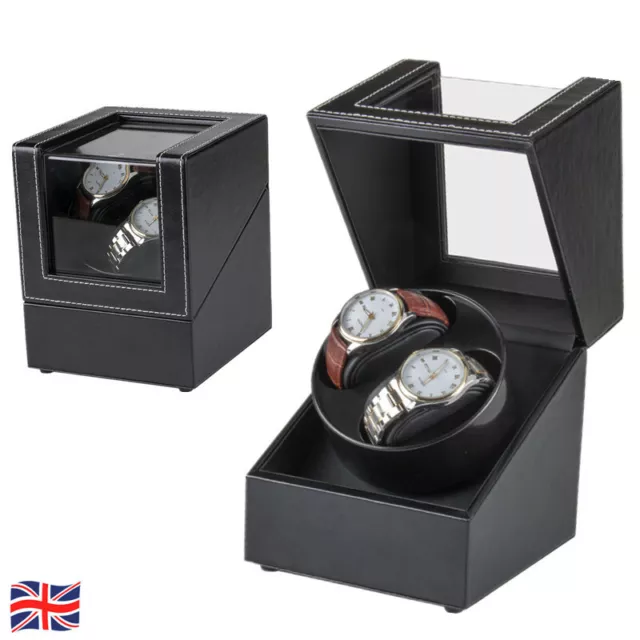 Luxury Double Automatic Watch Winder Box Black Watches Display Storage Case UK