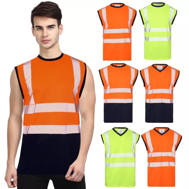 Mens Hi Viz Vest High Visibility Sleeveless Top Work Safety Crew V-Neck T Shirts