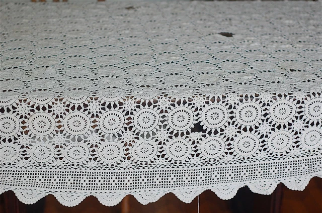Vintage Hand Crochet Fitted Oval Tablecloth Heavy Cotton 86"x60" Unfinished
