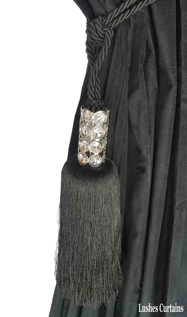 Black Crystal Bead Top Window Curtain Drapery Tassel Rope/Cord Tie Back Holdback