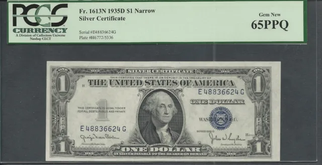 Fr. 1613N  1935D Narrow $1 Silver Certificate EG block PCGS 65 PPQ