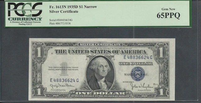 Fr. 1613N  1935D Narrow $1 Silver Certificate EG block PCGS 65 PPQ