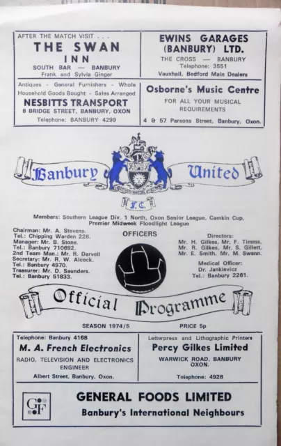 Banbury United V Gloucester City 10/9/1974 Southern League - Division 1 #Exc#