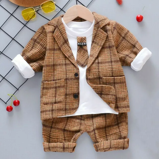 3PCS Baby Boy Toddler KIds Gentleman Outfit Suit Romper Coat + Pants + Shirt