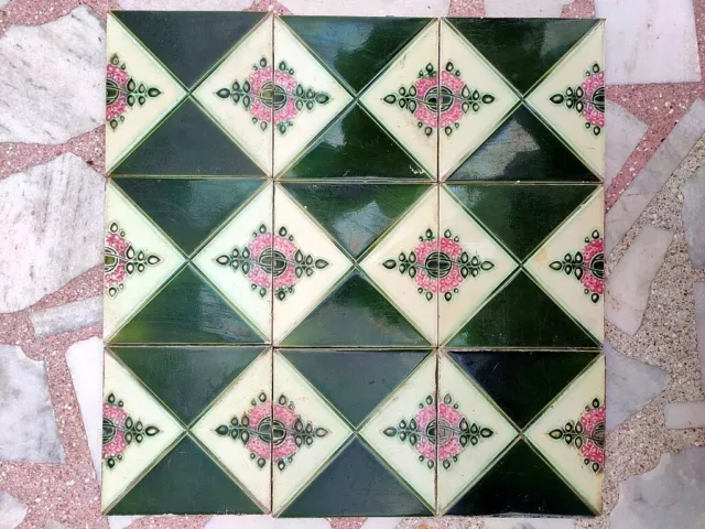 9Pc Antique Majolica Decorative Flower Art Nouveau Architecture Tiles,England