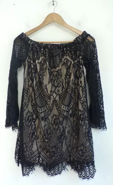 LOVE FIRE Women's Dress Black Lace Off the Shoulder Fancy Mini Size Small