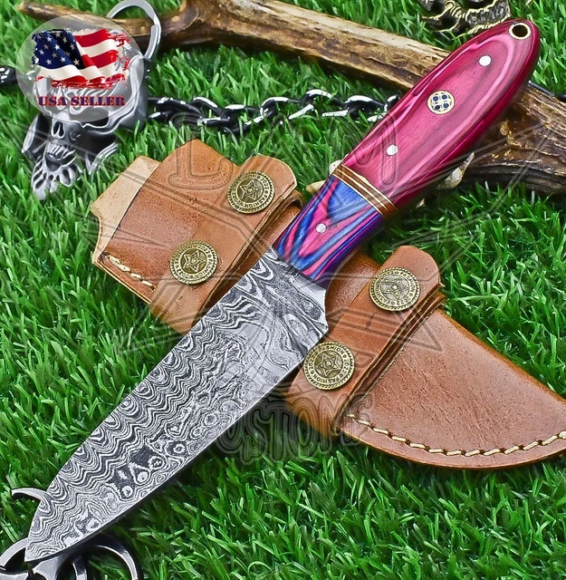 Hand Crafted Skinner Knife Damascus Hard Wood Wooden Bolster Hiking Best Selling