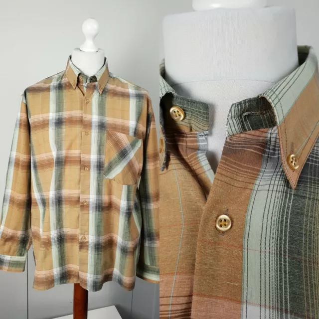 Camicia vintage abbottonata anni '80 in misto cotone a scacchi marrone preppy *L* TY74