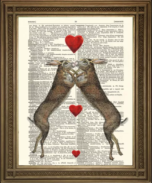 HARES IN LOVE ART: Brown Animal Print, Wall Hanging on Vintage Dictionary Paper