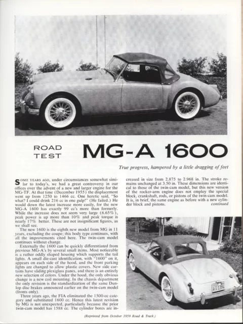 Road & Track Article Reprint from October 1959 -- Road Test MG-A 1600 --