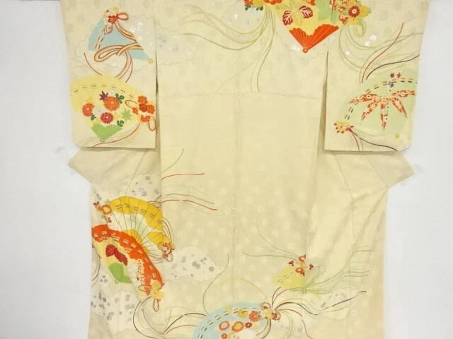 39492# Japanese Kimono / Antique Kimono / Embroidery / Cloud With Folding Fan