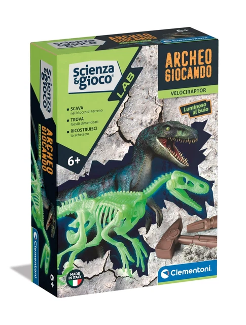 Clementoni Archäojugando Velociraptor - Phosphoreszierendes Wissenschaftsspiel Zum Ausgraben & Zusammenbauen, Ab 7 Jahren
