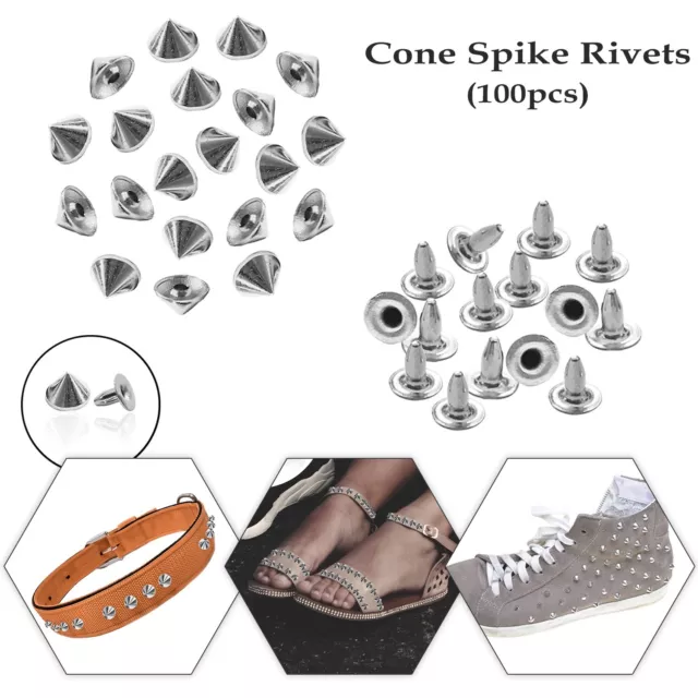 100pcs Silver Punk Studs 10mm Cone Spikes Rivets 100pcs for Bags Leather crafts