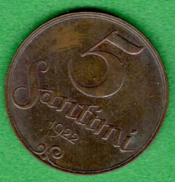 1922s. LATVIA LETTLAND 5 SANTIMI COPPER COIN XF 1502