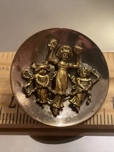 Antique KATE GREENAWAY Metal Button Spring Time Children Dancing 1 1/4”