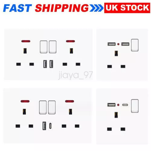 20x Double Wall Plug Socket 2 Gang 13A w/ 2 Charger USB Ports Outlets Flat Plate