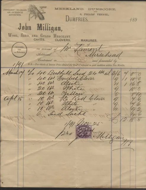 1891 DUMFRIES, JOHN MILLIAGAN, MERKLAND, DUNSCORE & FRIARS VENNEL, ILLUSTd BILL