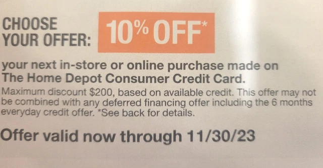 HOME DEPOT: 10% Off or 24 Month financing Purchase - Coupon Card (11/30