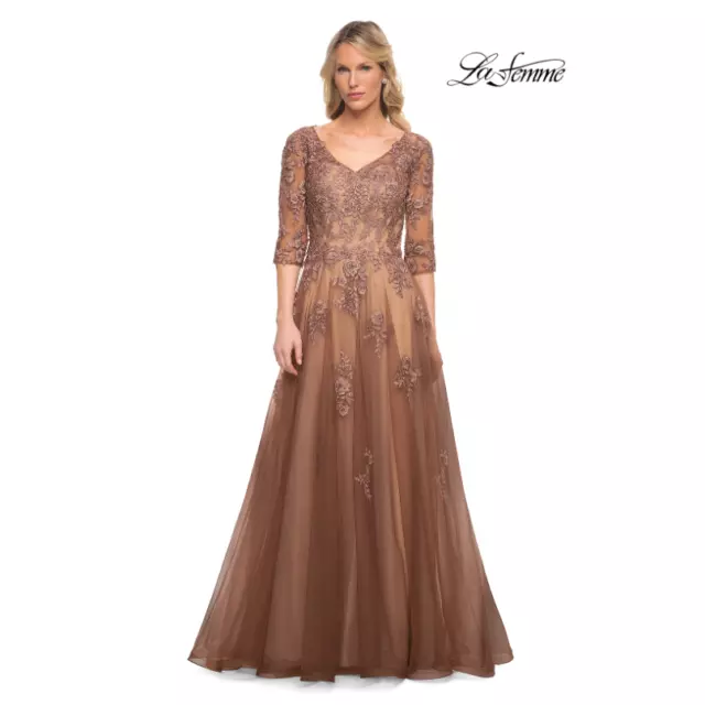 LA FEMME 27908 A-Line Tulle Gown 14 Brown Cocoa Floral Appliques Dress NWOT