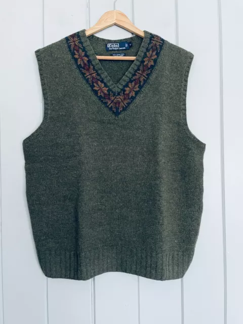 Vtg Polo Ralph Lauren Fair Isle V-Neck Sweater Vest L Large Hand Knit Green Wool